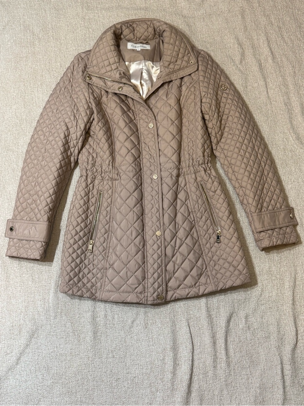 Calvin Klein Womens S Taupe Quilted Hooded Coat Quiet Luxury Preppy